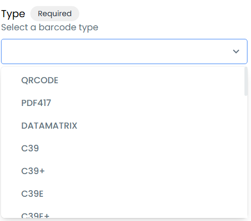 Barcode type selection
