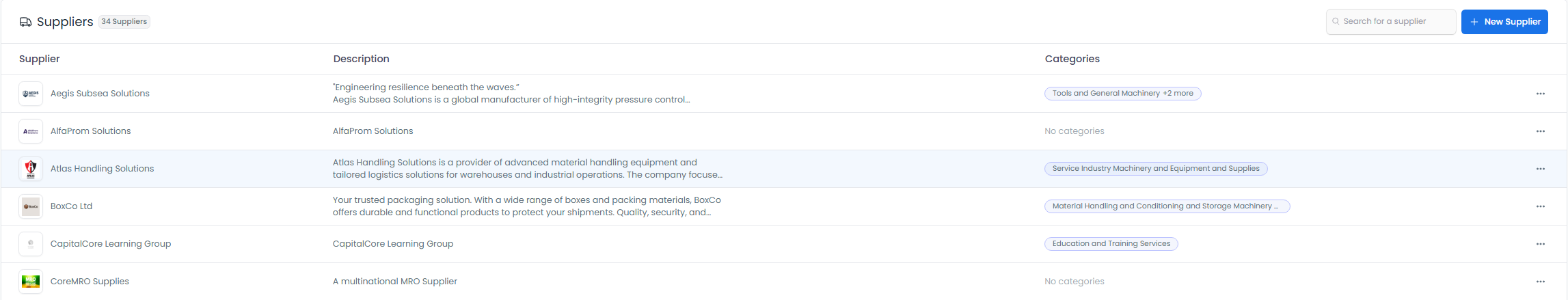 Supplier selection interface