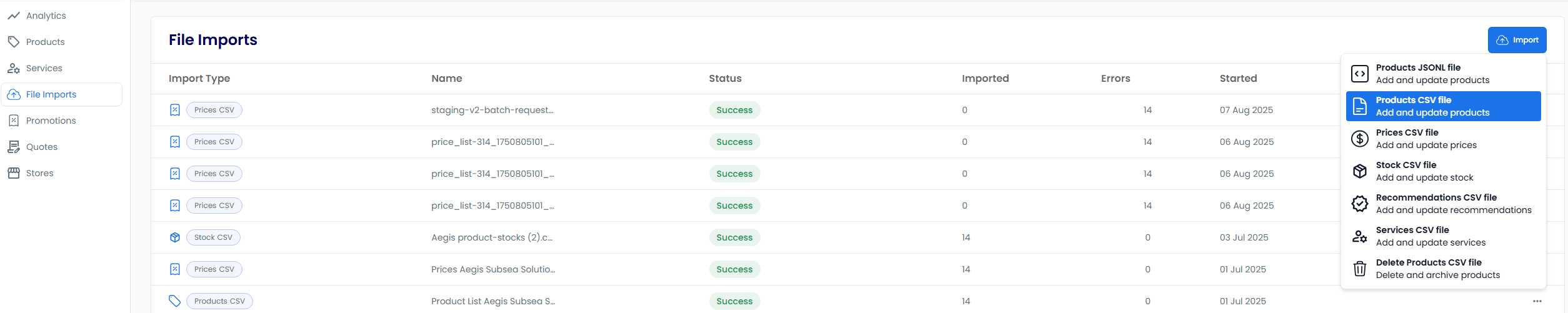 Importing products CSV file