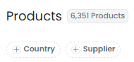 Product filtering options showing country and supplier filters