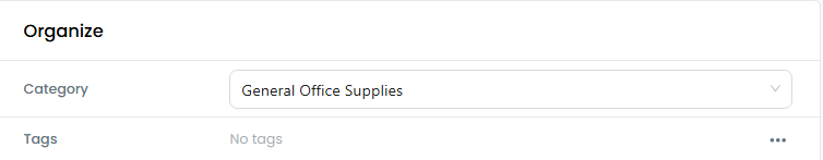 Product organization panel showing category and tag management