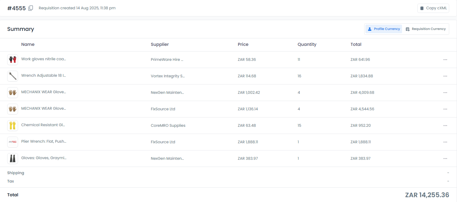 Requisition details page showing order information and status