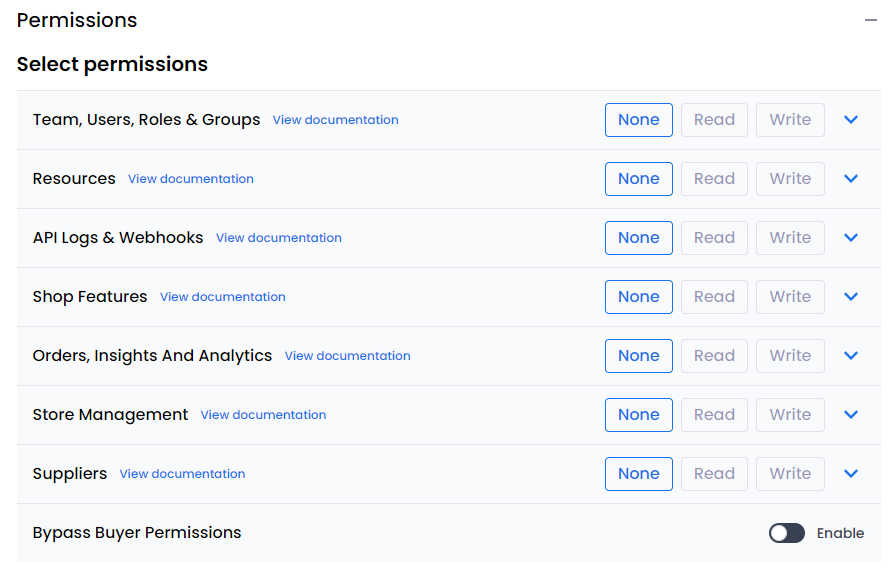 Available permissions for a role