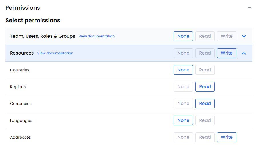 Selecting all write and some read permissions in the Resources category